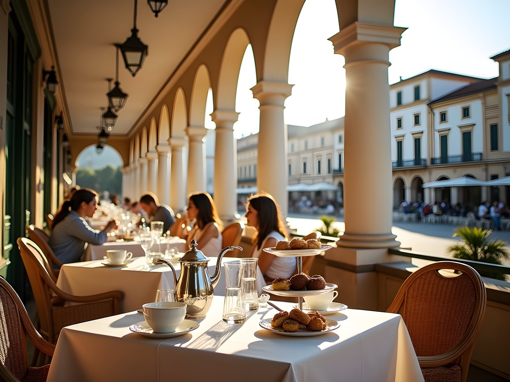 Elegant café tea service under the arches of Corfu's historic Liston promenade