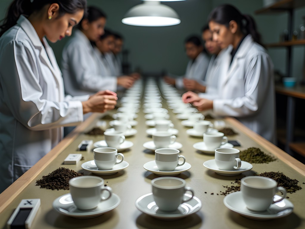 Professional tea tasting laboratory in Darjeeling with white evaluation cups and precise instruments