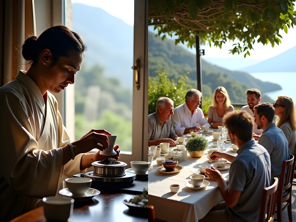 Split image contrasting precise Darjeeling tea ceremony with social Corfu tea gathering