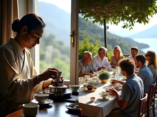 Split image contrasting precise Darjeeling tea ceremony with social Corfu tea gathering