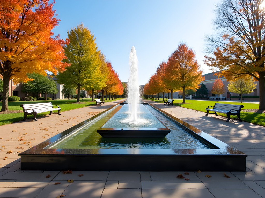Bayliss Park fountain surrounded by fall foliage in downtown Council Bluffs