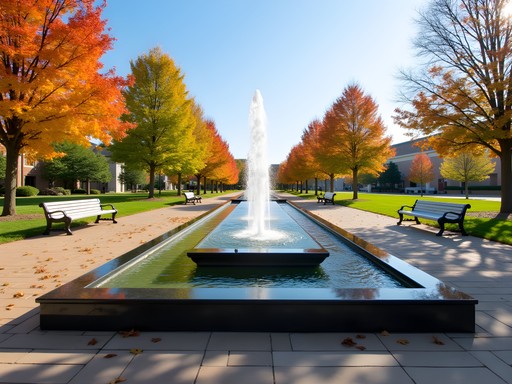 Bayliss Park fountain surrounded by fall foliage in downtown Council Bluffs