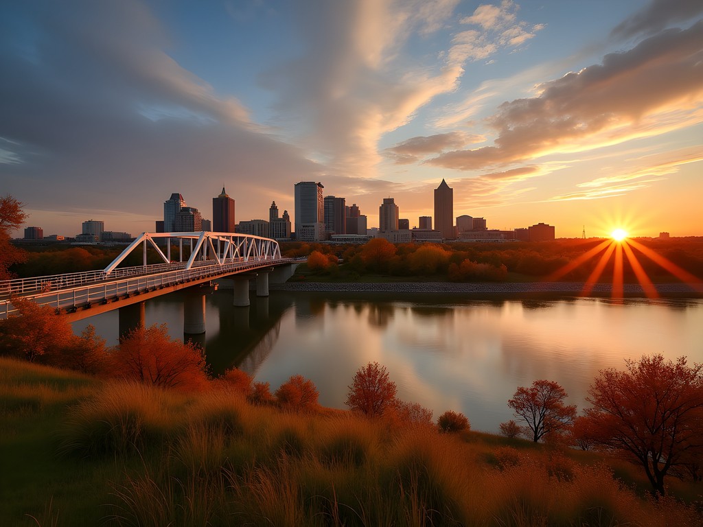 Sunset view of Omaha skyline from Tom Hanafan River's Edge Park in Council Bluffs