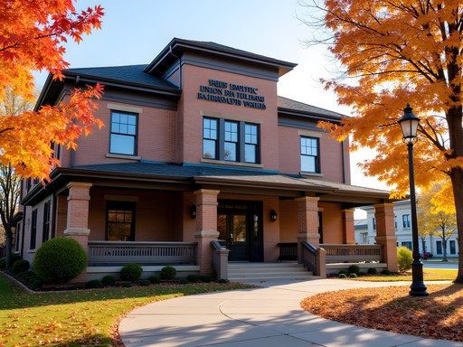Historic facade of Union Pacific Railroad Museum in Council Bluffs with fall foliage