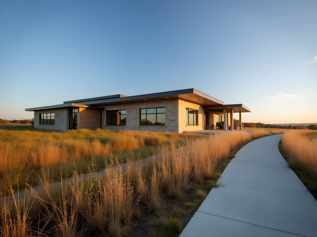 Golden prairie grasses surrounding the Western Historic Trails Center in Council Bluffs during fall