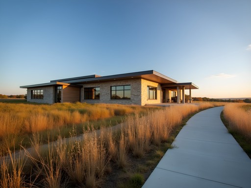 Golden prairie grasses surrounding the Western Historic Trails Center in Council Bluffs during fall