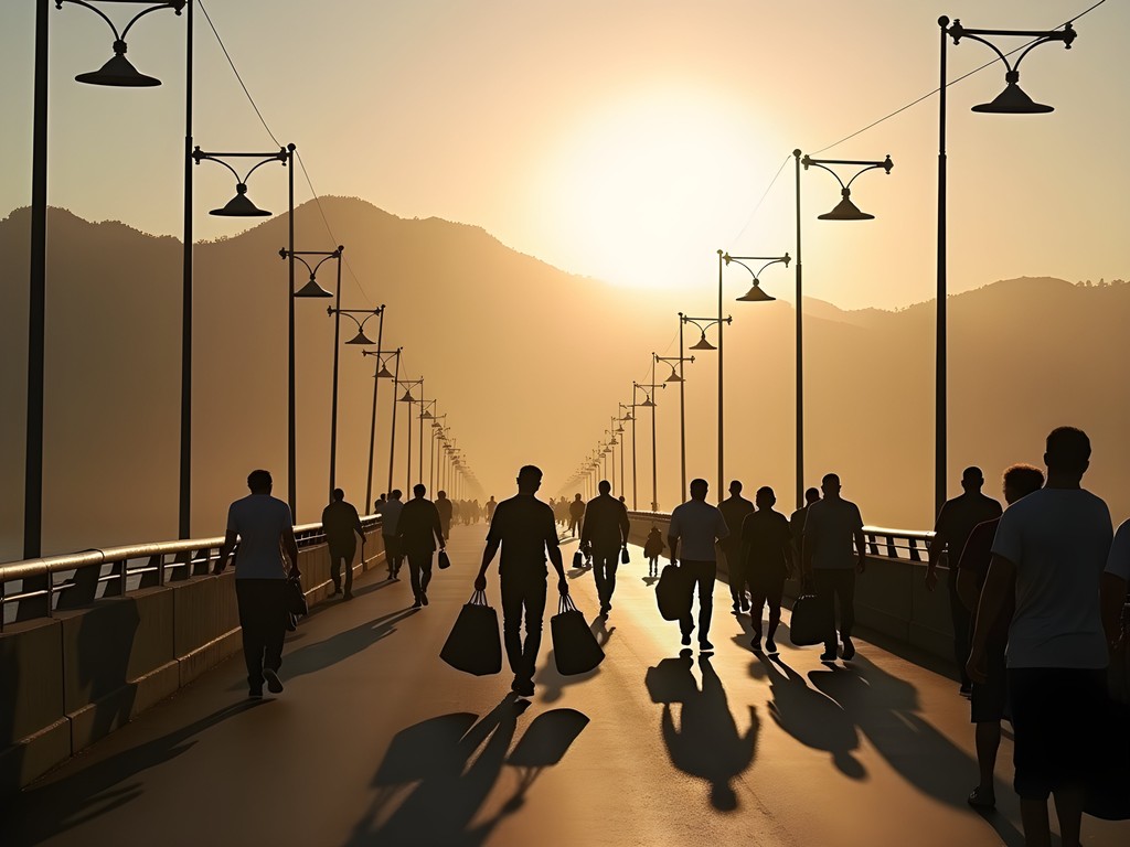 Morning commuters crossing Simón Bolívar International Bridge between Colombia and Venezuela