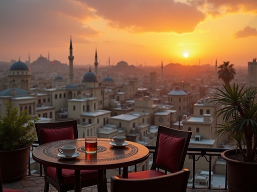 Secret rooftop café view over Damascus skyline at sunset with minarets and domes