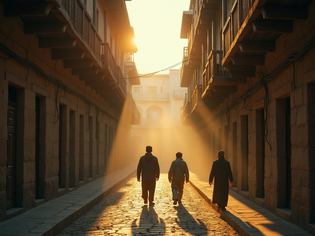 Early morning light on ancient stone streets of Damascus Old City with few people