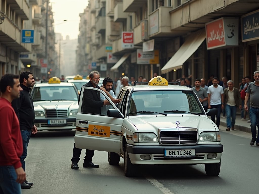 White shared taxi (servees) with colored stripe picking up passengers in Damascus