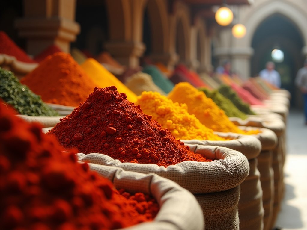 Colorful spice displays in Damascus's historic Souq al-Bzouriyeh market