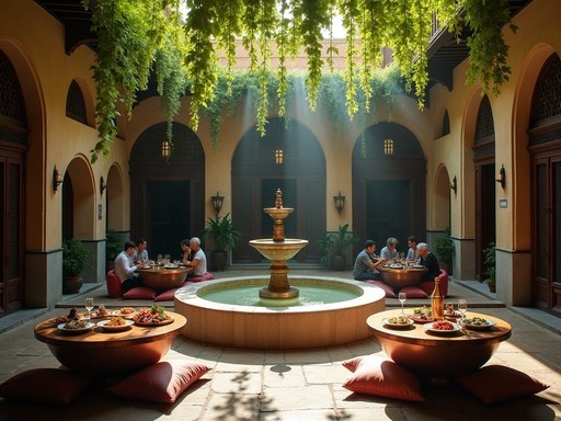 Traditional Damascus restaurant in historic courtyard with fountain and diners enjoying mezze
