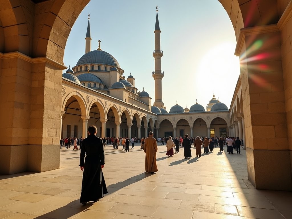 Respectful visitors in appropriate attire at the historic Umayyad Mosque in Damascus