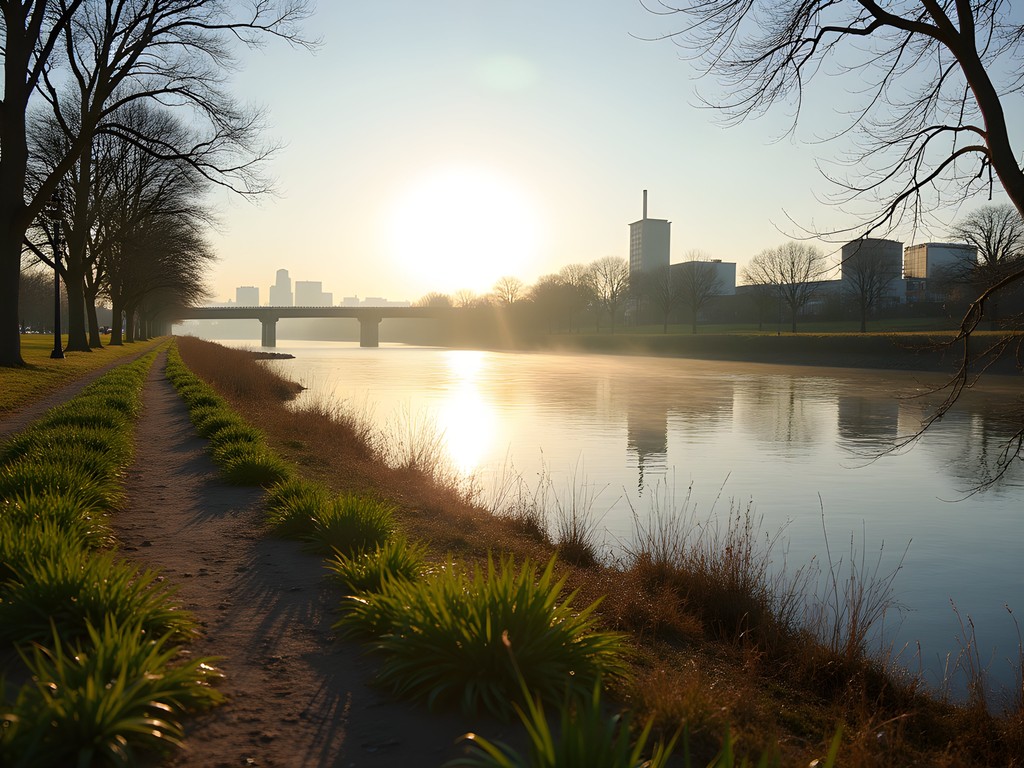 Hidden kayak access point on Des Moines River with morning light and urban skyline