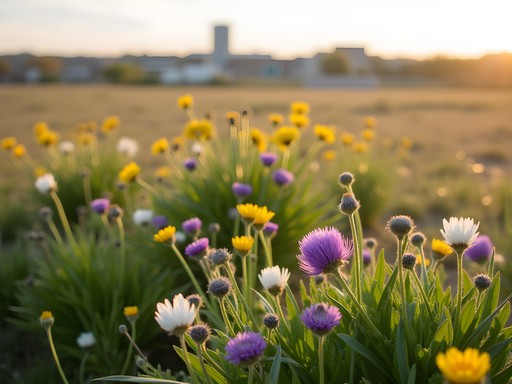 Spring prairie restoration site in Des Moines with blooming wildflowers and native grasses
