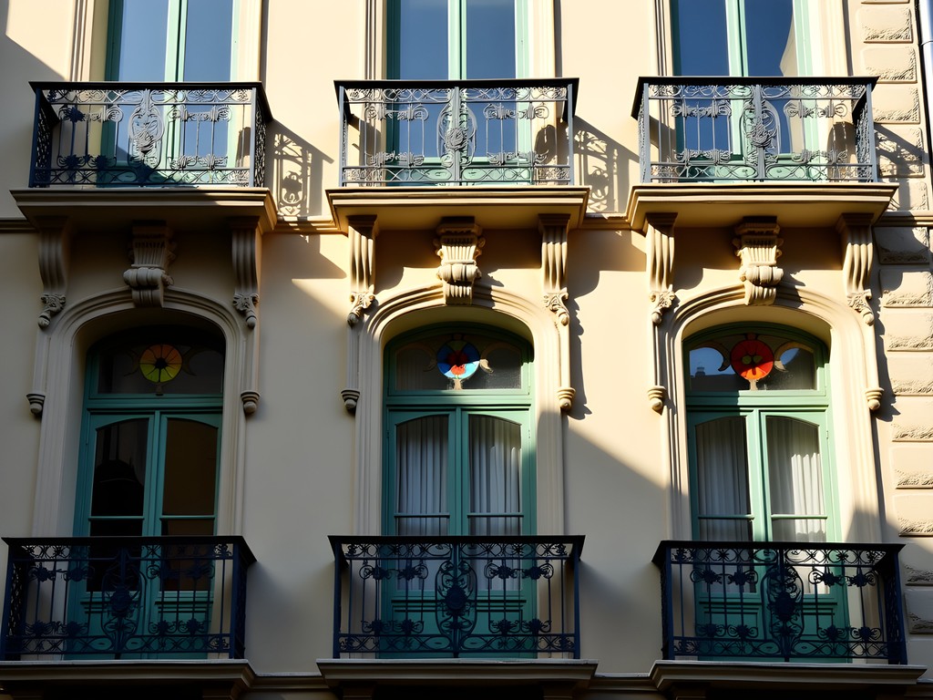 Hidden Art Nouveau building in Dinant with ornate ironwork and stained glass windows