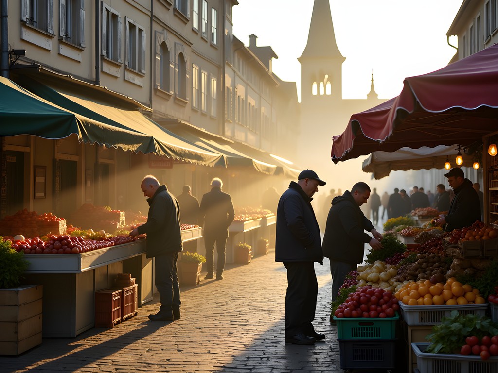 Early morning local market in Dinant with fresh regional produce and artisanal products