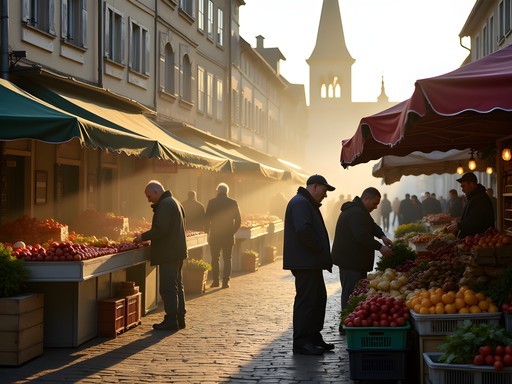 Early morning local market in Dinant with fresh regional produce and artisanal products