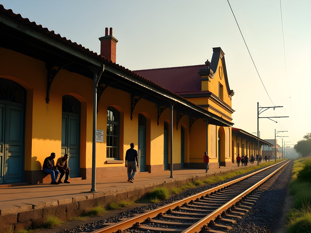 Historic colonial railway station in Dolisie bathed in afternoon light