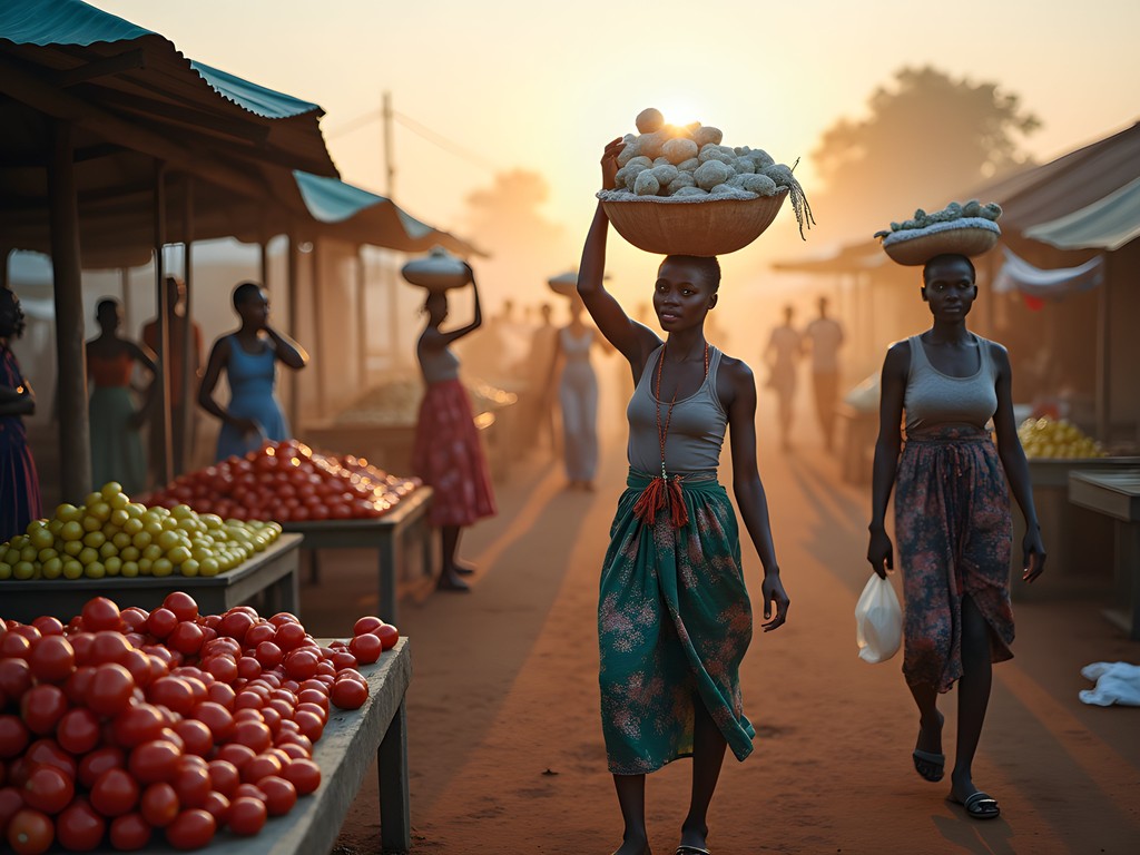 Early morning scene at Dolisie's Grand Marché with local vendors setting up