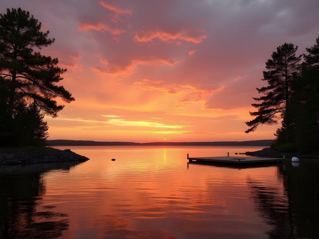 Spectacular sunset over Ellison Bay with wooden viewing platform and calm reflective waters