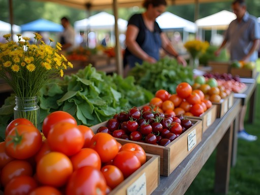 Colorful display of fresh local produce at Baileys Harbor farmers market with vendor and shoppers