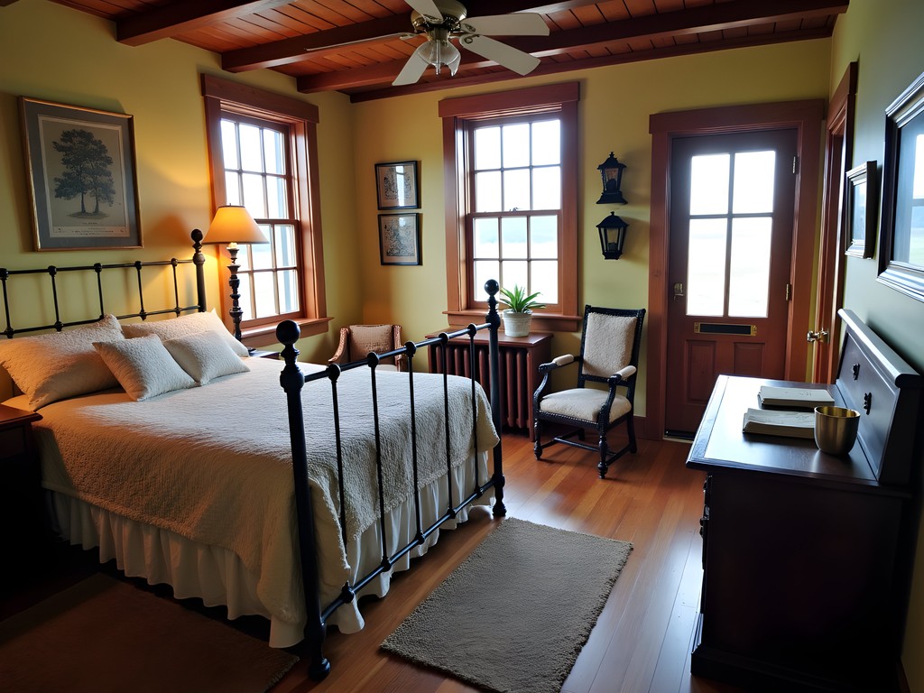 Interior of historic Eagle Bluff Lighthouse Keeper's Quarters with period furniture and maritime artifacts