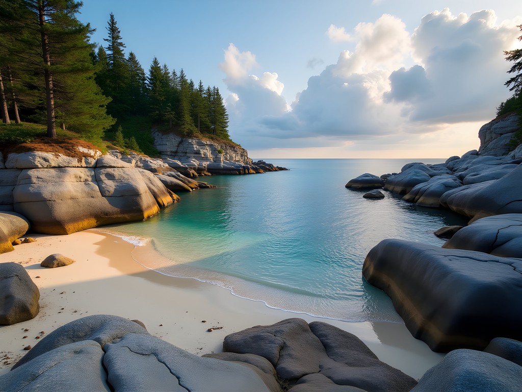 Hidden rocky cove beach in Door County with crystal clear water and limestone formations