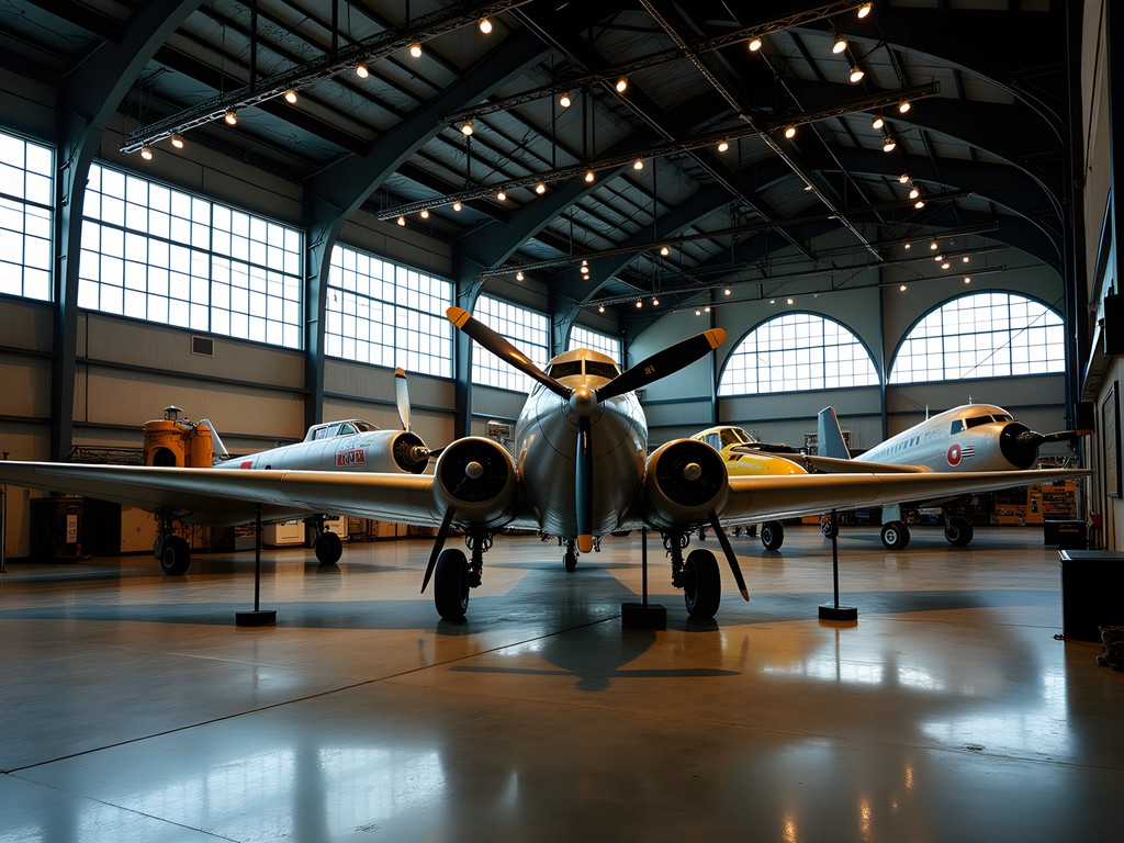 Historic aircraft display at Alberta Aviation Museum in Edmonton with dramatic lighting