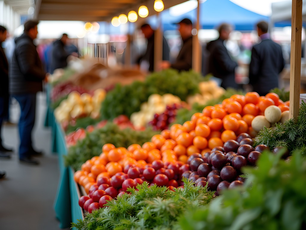Vibrant display of local produce at Edmonton's Bountiful Farmers' Market with shoppers