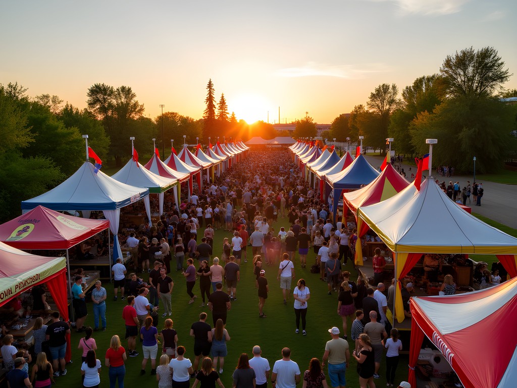 Heritage Festival in Edmonton with colorful pavilions at sunset and diverse crowds
