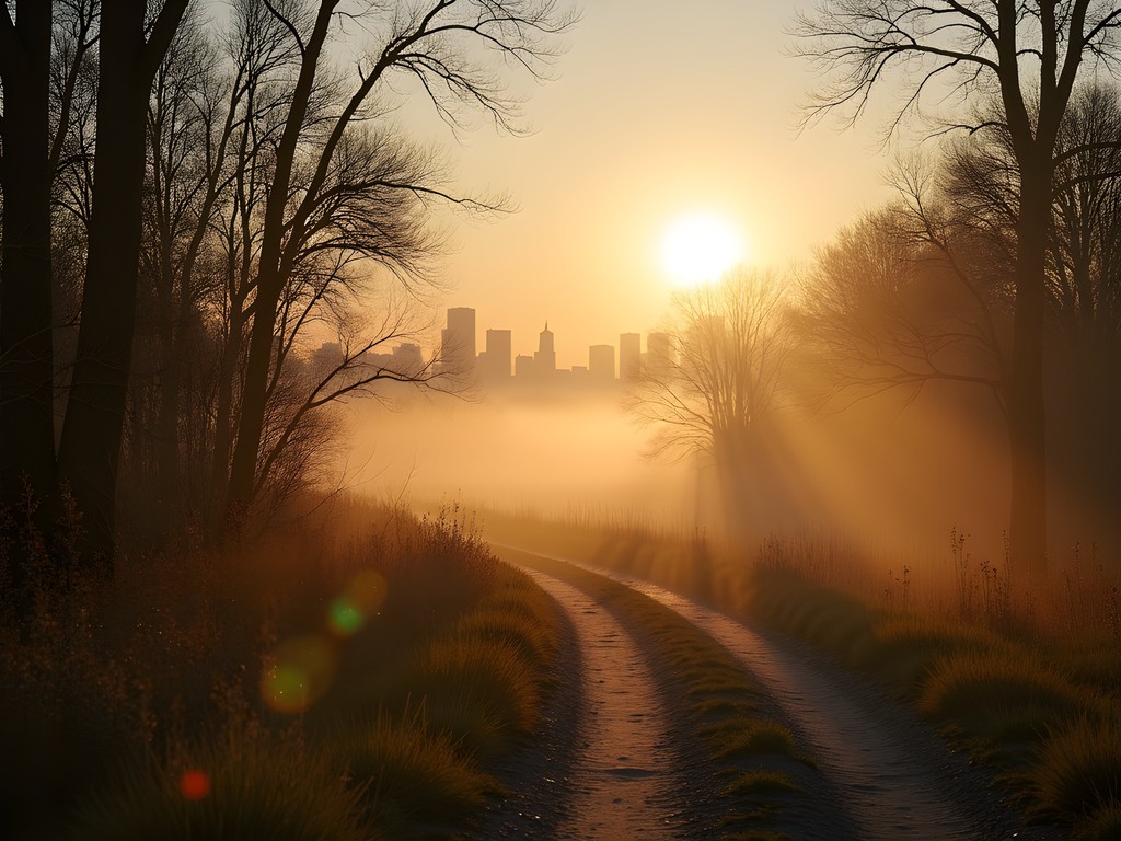 Misty sunrise over Edmonton's River Valley trails with city skyline in background