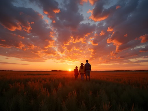 Family silhouette watching sunset over Oklahoma prairie near Enid during fall