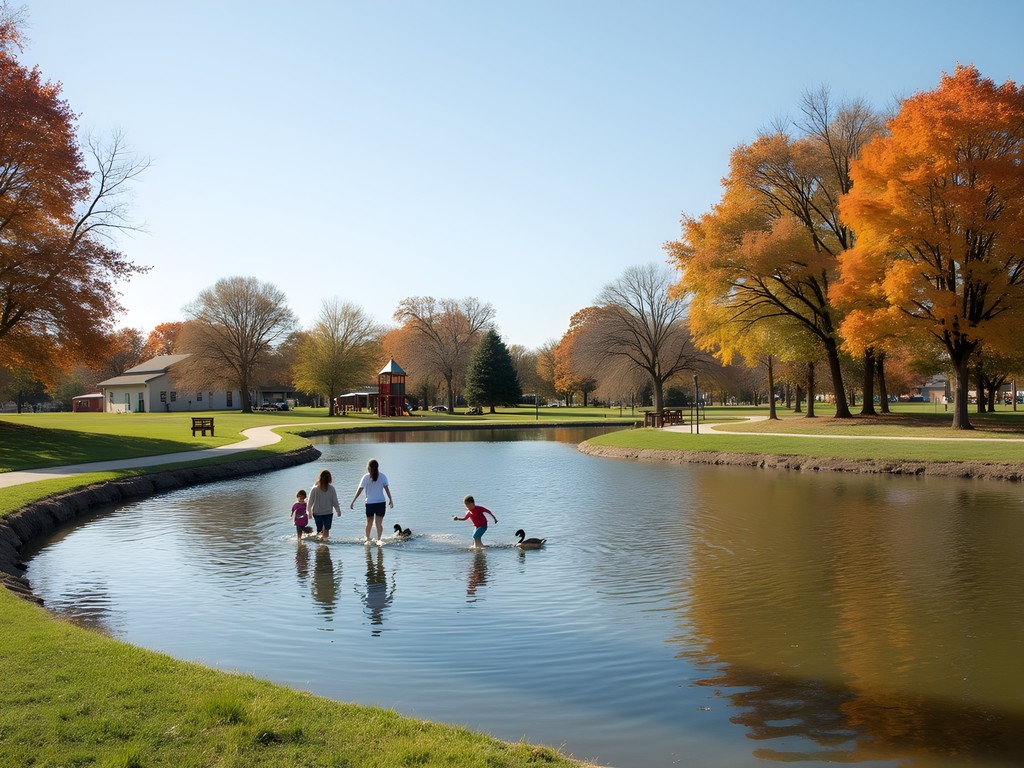 Family enjoying Government Springs Park lake in Enid Oklahoma during autumn