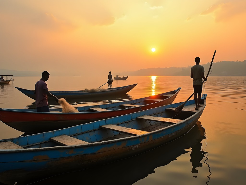 Traditional wooden fishing boats on Lake Victoria at sunrise with Entebbe shoreline in background