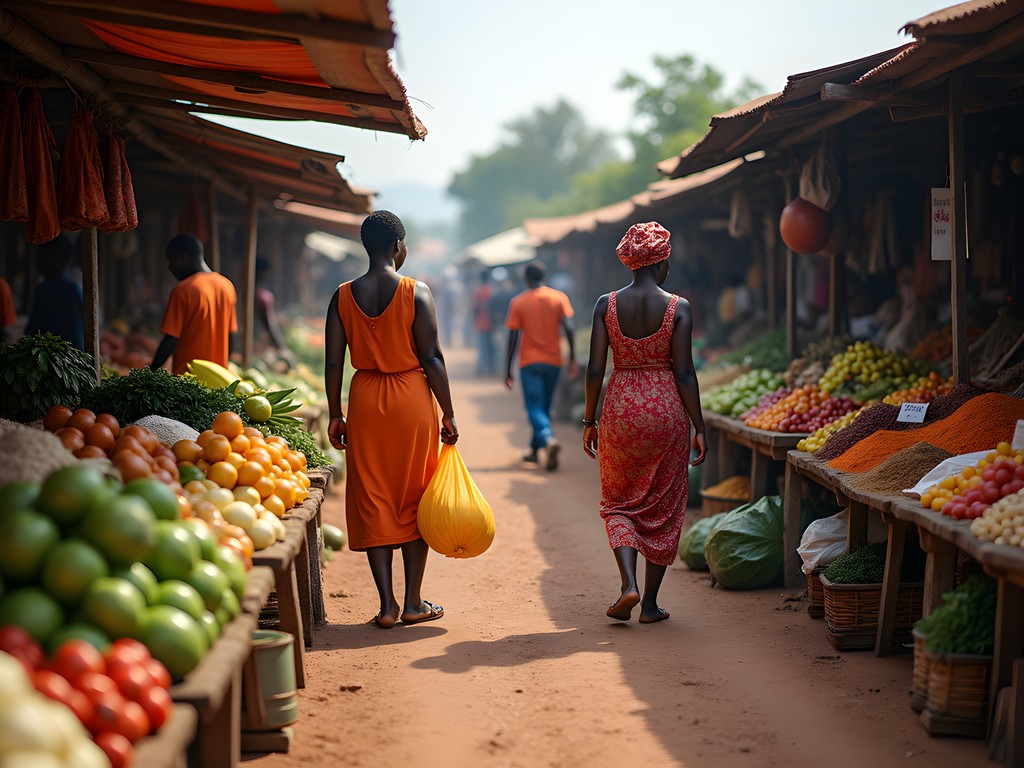 Vibrant scene at Kitoro Market in Entebbe with colorful produce displays and local shoppers