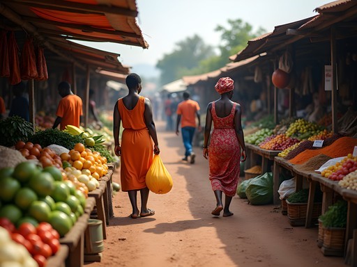 Vibrant scene at Kitoro Market in Entebbe with colorful produce displays and local shoppers
