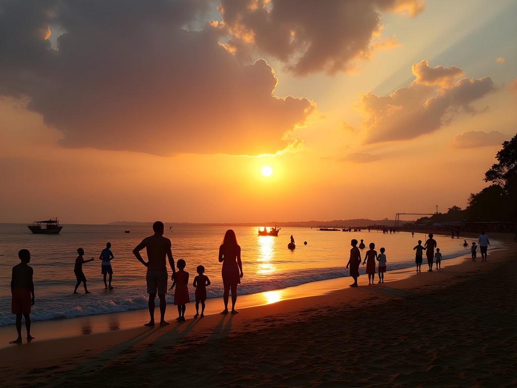 Sunset over Lake Victoria at Lido Beach with locals gathering for evening socializing