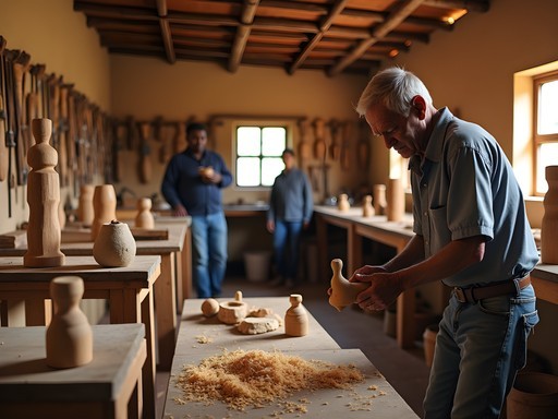Local artisan demonstrating traditional woodcarving techniques in Entebbe workshop