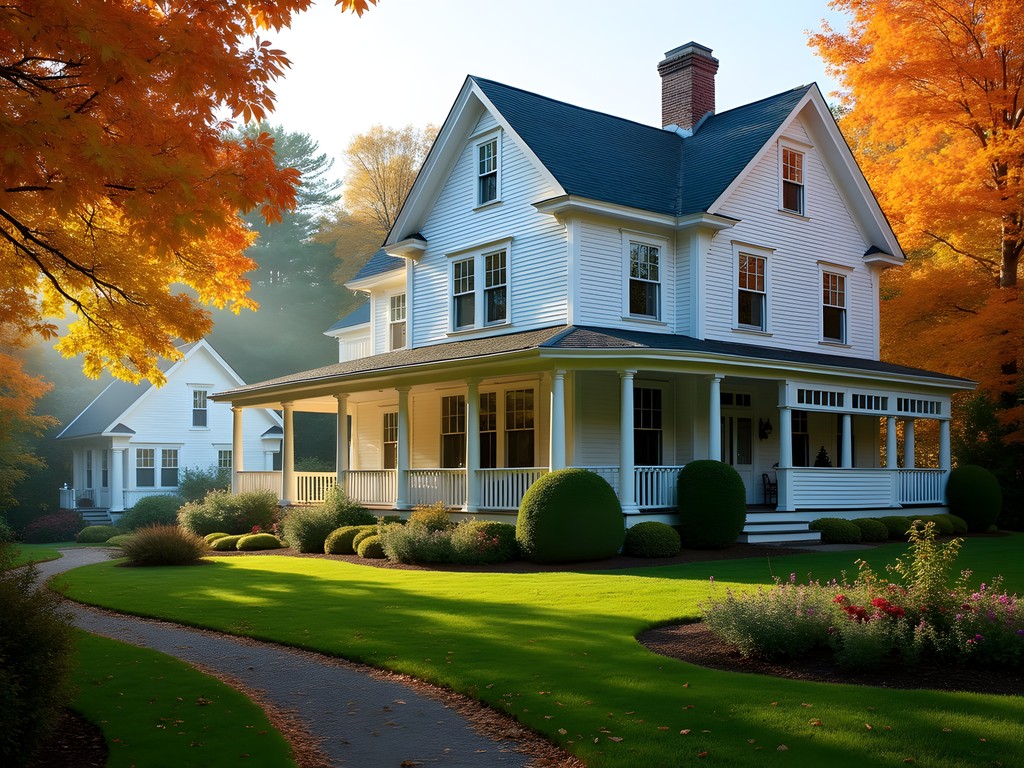 Historic Vermont B&B with wrap-around porch surrounded by fall foliage and gardens