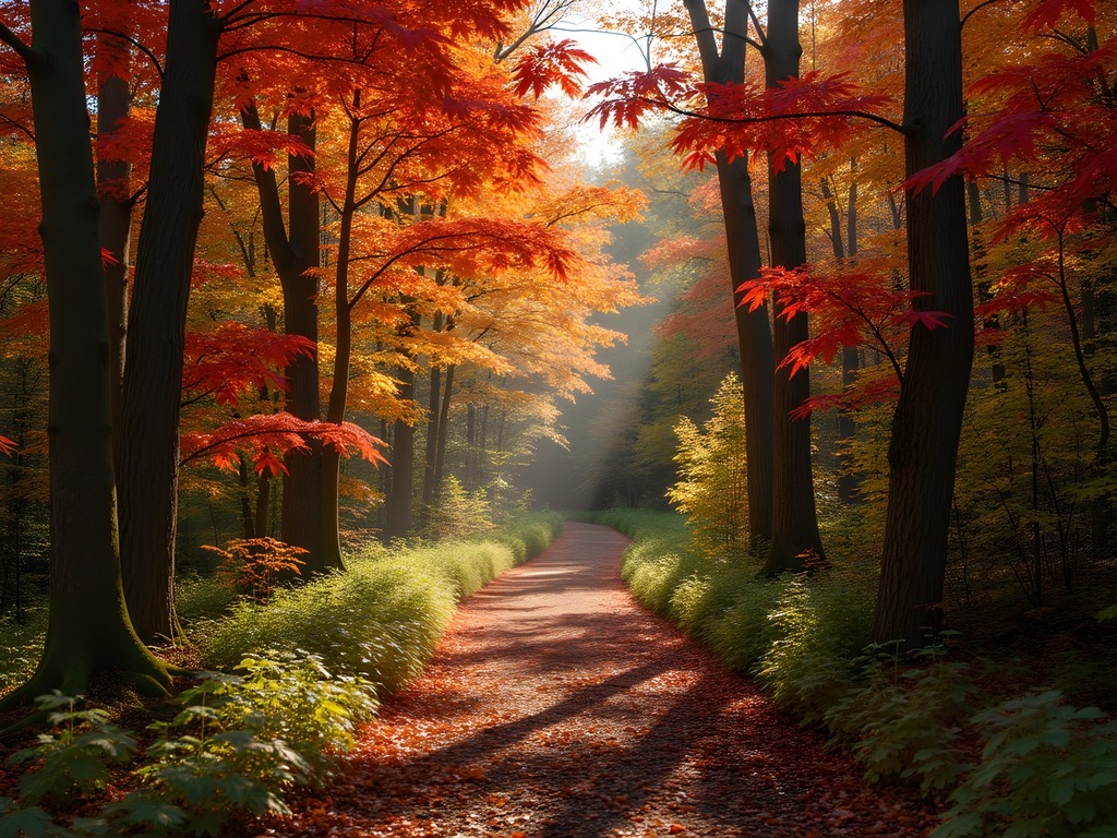 Person walking on leaf-covered trail through vibrant fall foliage in Saxon Hill Forest