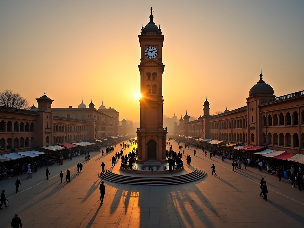 Faisalabad Clock Tower at sunset with radiating bazaar streets
