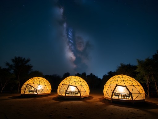 Geodesic dome glamping site near Faisalabad under starry night sky