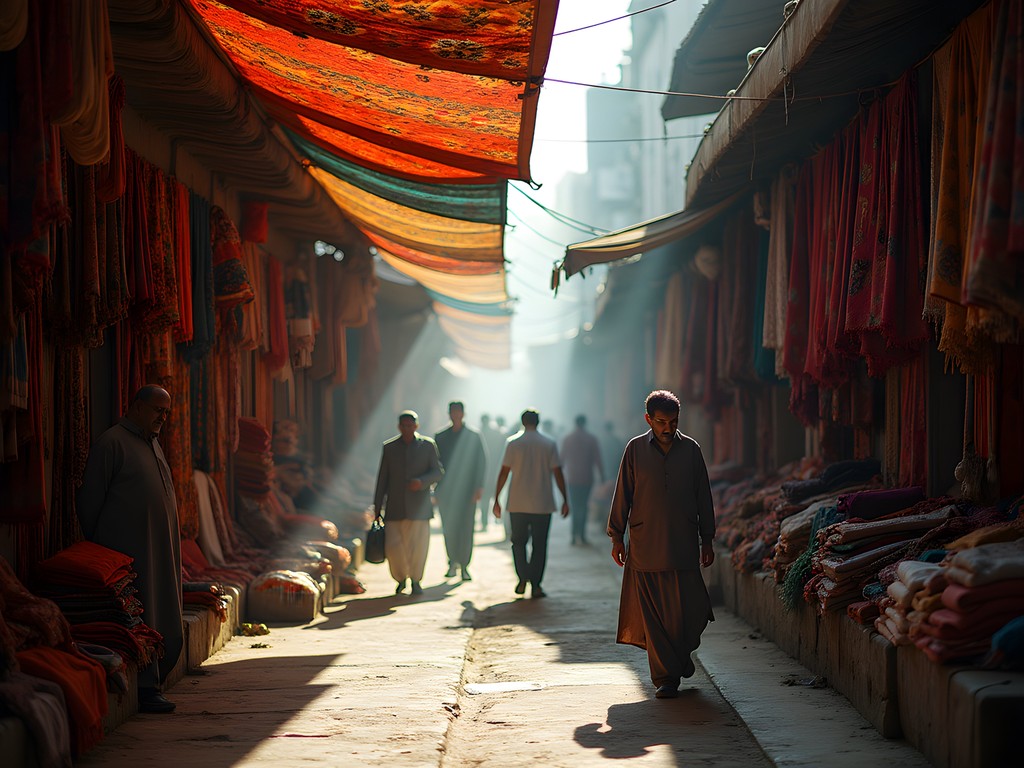 Geometric patterns and colorful textiles in Faisalabad's Rail Bazaar