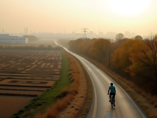 Cycling route transitioning from Faisalabad's urban grid to rural landscapes