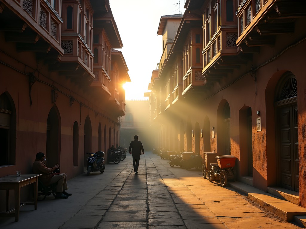 Ancient architecture in Lahore's Walled City with morning light illuminating traditional buildings