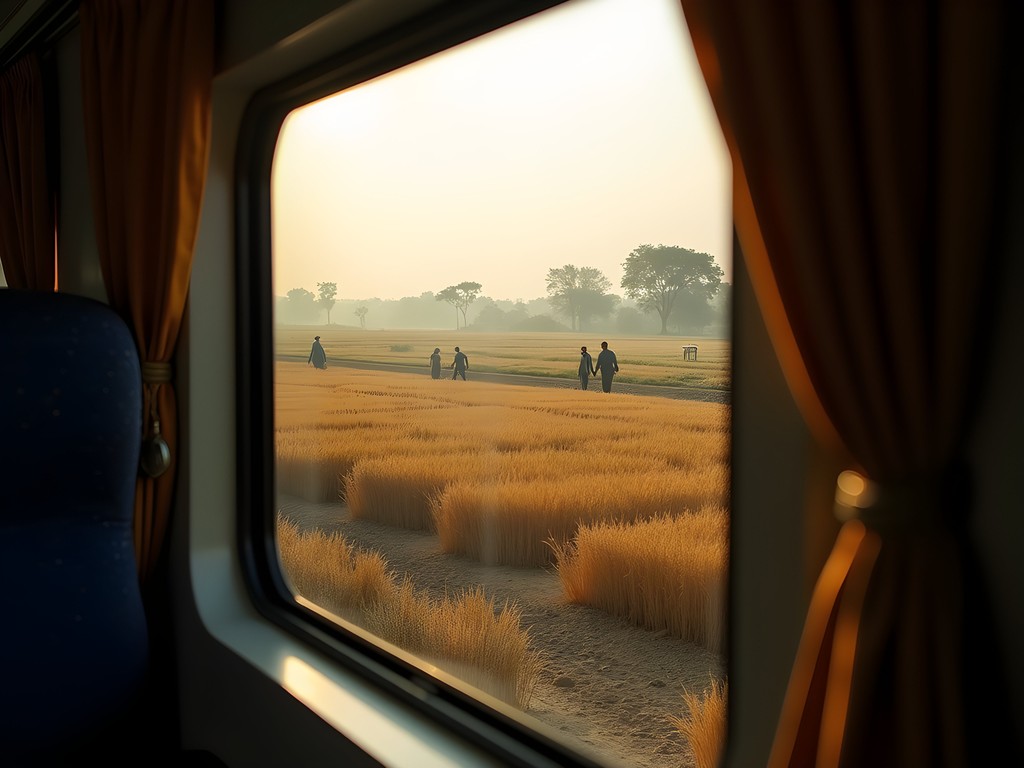 View from Pakistan Railways train window showing traditional agricultural landscapes