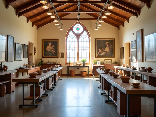 Artist workspace inside Artifacts Gallery with handmade pottery and jewelry on display