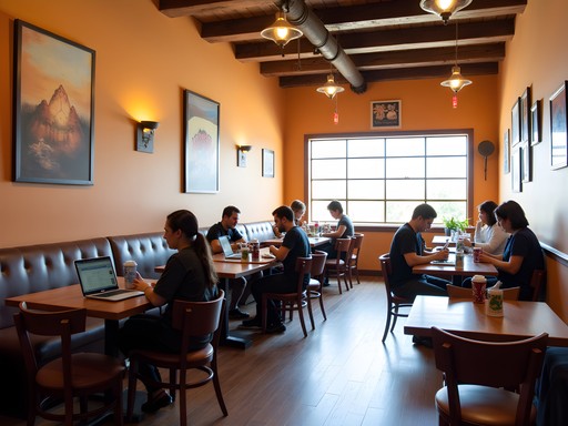 Cozy interior of Inspired Grounds Café showing workspaces with outlets and people working on laptops