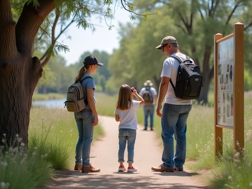 Family exploring Riverside Nature Center's interactive outdoor exhibits along the Animas River